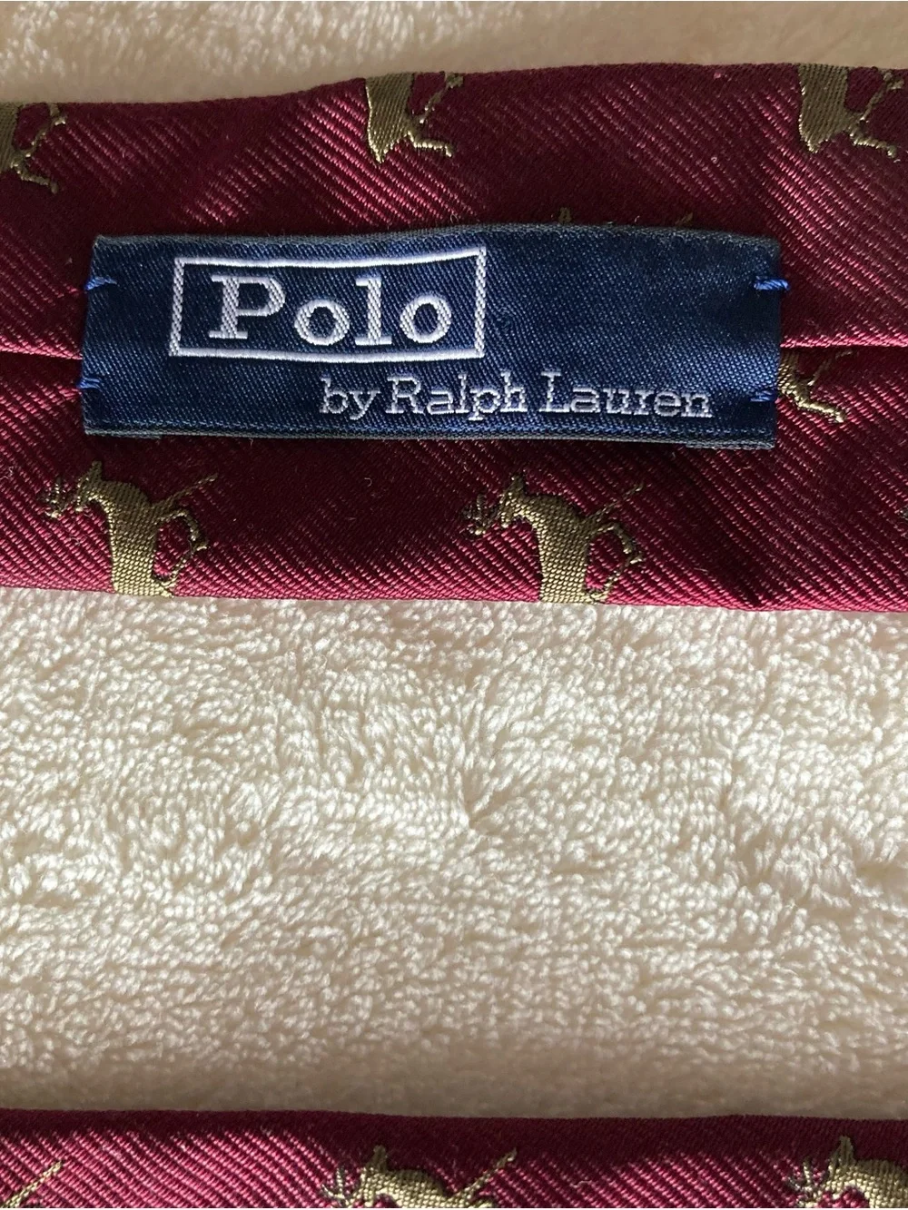 Vintage Polo Ralph Lauren Mens 100% Silk Tie Burgundy/Gold Deer Print Logo Italy
